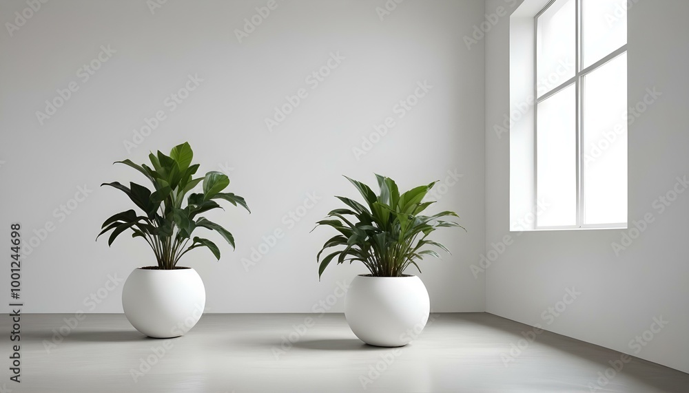 A minimalist interior with a white wall, a potted plant, and a white sphere-shaped object on a concrete floor. A minimalist interior with a white wall, a potted plant, and a white sphere-shaped object on a concrete floor.