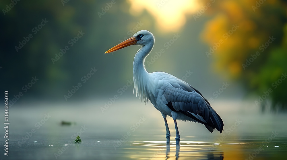 Stork Standing in the Water, Misty Morning Light, Beautiful Wildlife Scene
Stork Standing in the Water, Misty Morning Light, Beautiful Wildlife Scene
