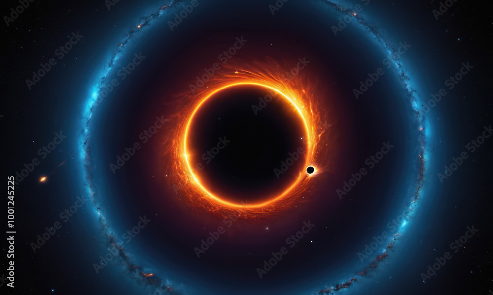 A black hole surrounded by an orange ring of light, in the center of a galaxy A black hole surrounded by an orange ring of light, in the center of a galaxy