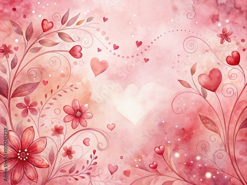 Soft pink and red watercolor hearts, flowers, and swirls create a whimsical, romantic, and dreamy background for