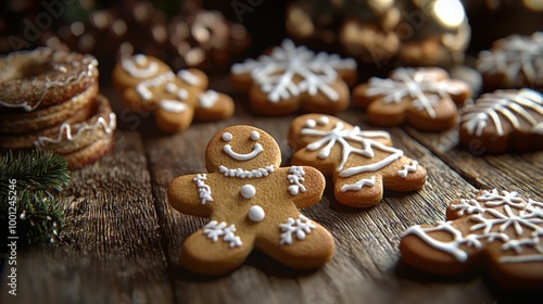 Christmas gingerbread man cookies with sugar icing lie on wooden background