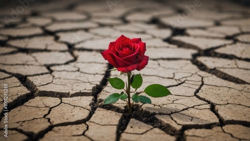 Fototapeta Naklejka Na Ścianę i Meble -  Red rose in full bloom on cracked dry earth