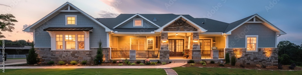 Elegant urban craftsman-style house in soft sky blue, featuring stone accents, a spacious porch, and a twilight sky. Elegant urban craftsman-style house in soft sky blue, featuring stone accents, a spacious porch, and a twilight sky.