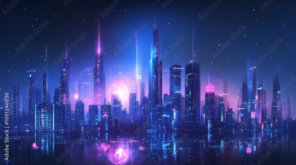 Futuristic city skyline generated by artificial intelligence, in vector format. Futuristic city skyline generated by artificial intelligence, in vector format.