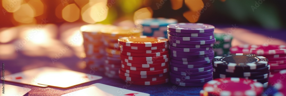 A vibrant casino table filled with stacks of colorful poker chips during an exciting evening gambling session. Generative AI A vibrant casino table filled with stacks of colorful poker chips during an exciting evening gambling session. Generative AI