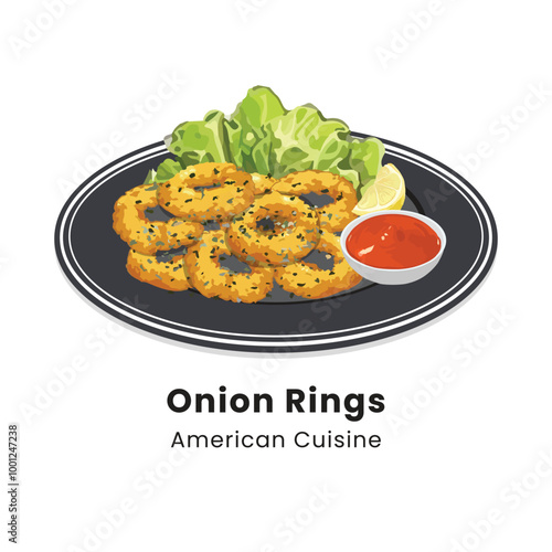 Hand drawn vector illustration of onion rings on plate with sauce