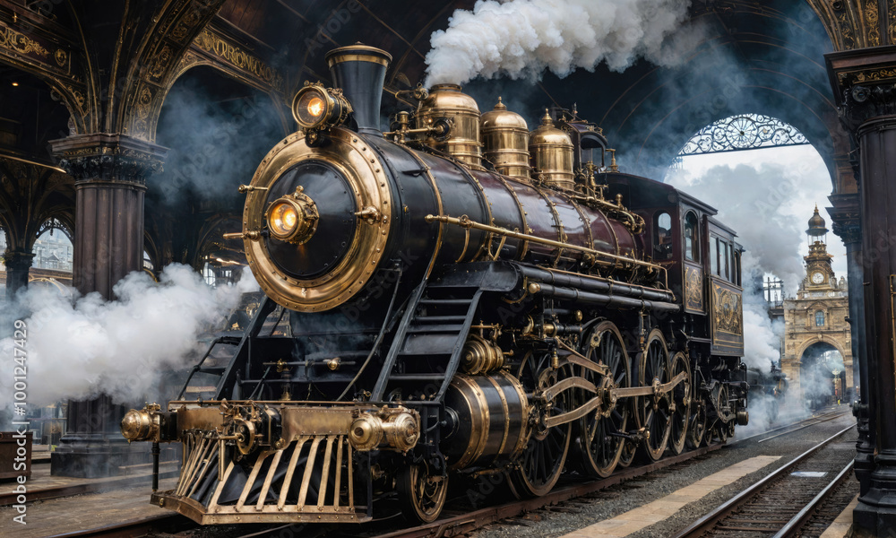 Naklejka premium A vintage steam locomotive is pulling into the station, emitting plumes of white smoke