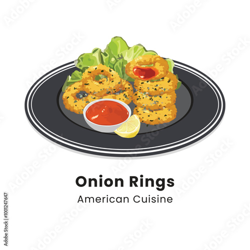 Hand drawn vector illustration of onion rings on plate with sauce