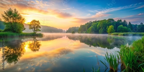 Soft, serene, misty dawn breaks over a tranquil lake, surrounded by lush greenery, with gentle ripples on the