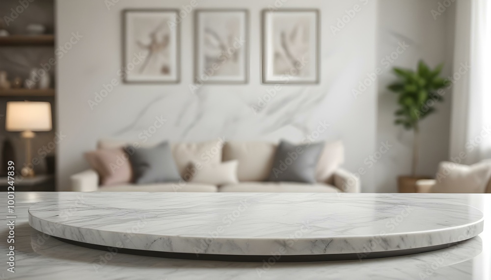 A marble countertop or table in the foreground, with a blurred living room scene featuring a couch and decorative elements. A marble countertop or table in the foreground, with a blurred living room scene featuring a couch and decorative elements.