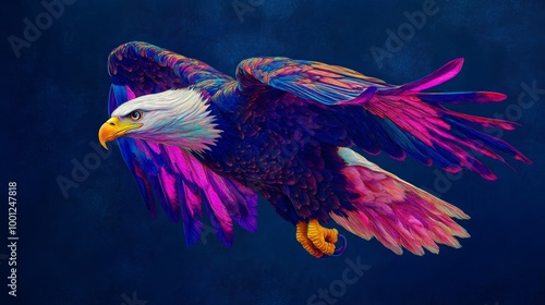 Neon-style pop art portrait of a soaring bald eagle against a dark blue background. 
