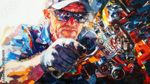 Vivid Abstract Painting of Mechanic Working on Machinery