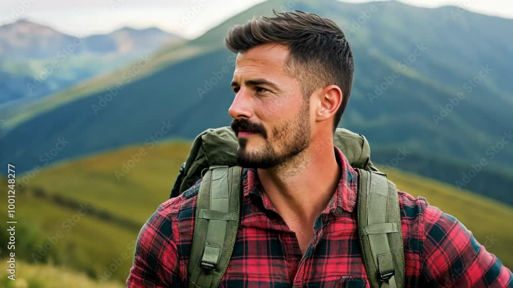 A Caucasian man with a beard and backpack enjoys hiking in the mountains, representing adventure and outdoor holidays A Caucasian man with a beard and backpack enjoys hiking in the mountains, representing adventure and outdoor holidays