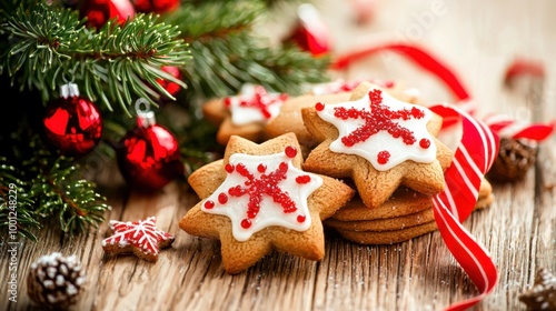 Christmas delicious cookies with snowflakes decorated with icing powder close-up on the background of Christmas decorations