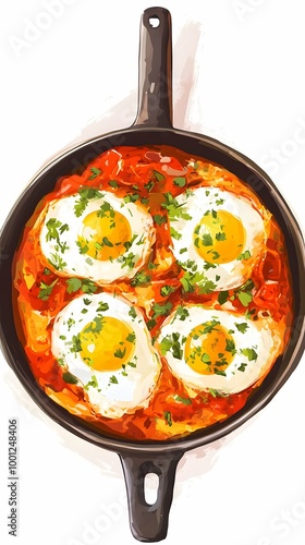 Delicious Shakshuka with Fried Eggs in a Pan - Watercolor Illustration. photo