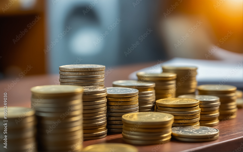 Stack of metal coins on wooden tabletop in minimalist style. Stack of metal coins on wooden tabletop in minimalist style.