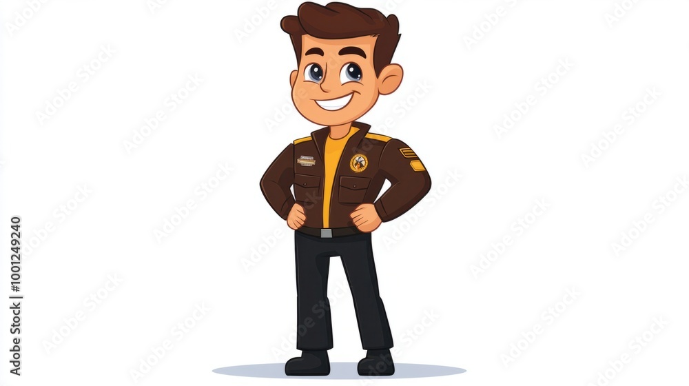 Fototapeta premium Cartoon pilot standing confidently with a flight jacket and a smile, ready for takeoff, isolated on white background.