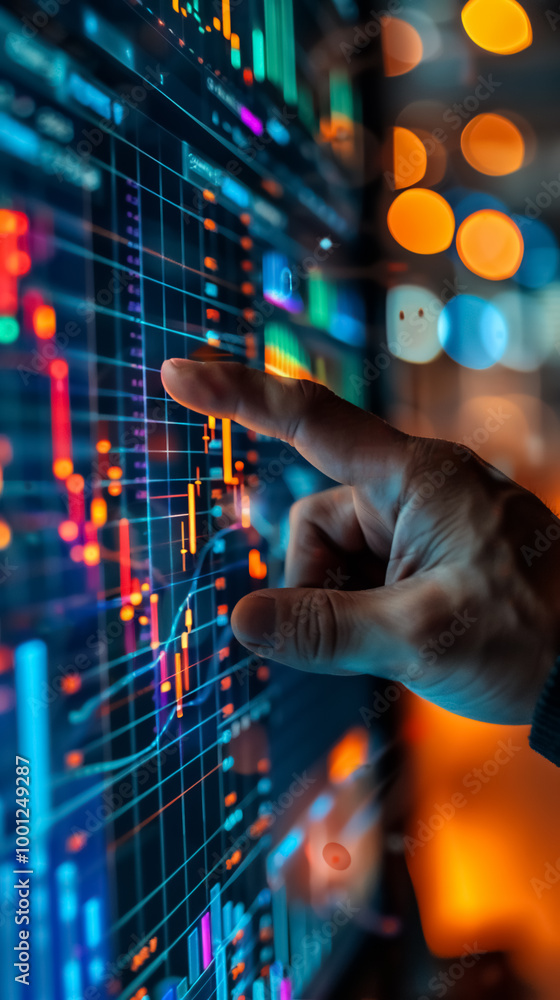close up of hand pointing at digital financial chart, showcasing vibrant colors and data trends. image conveys sense of analysis and decision making in finance close up of hand pointing at digital financial chart, showcasing vibrant colors and data trends. image conveys sense of analysis and decision making in finance