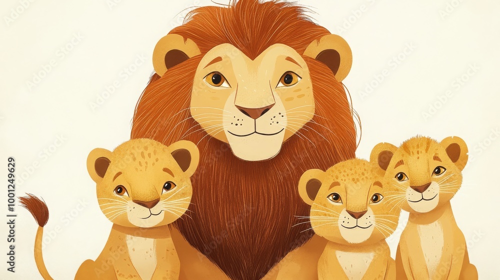 Obraz premium Vertical illustration of a lion family of four. 