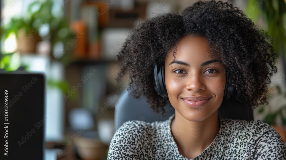 African-American Woman Working From Home in Video Call with Headset African-American Woman Working From Home in Video Call with Headset