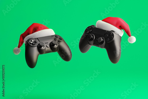 Two black game controllers gamepad in Santa hats hover on a green background. Christmas for video game lovers	