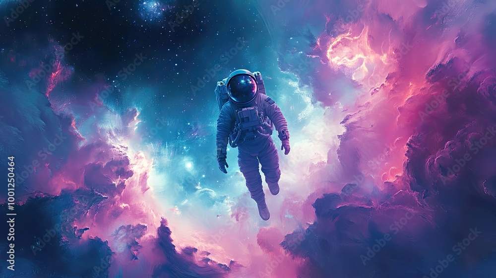 A lone astronaut suspended in a glowing galactic cloud of pink and blue hues, creating a calm and otherworldly scene in the cosmos. A lone astronaut suspended in a glowing galactic cloud of pink and blue hues, creating a calm and otherworldly scene in the cosmos.