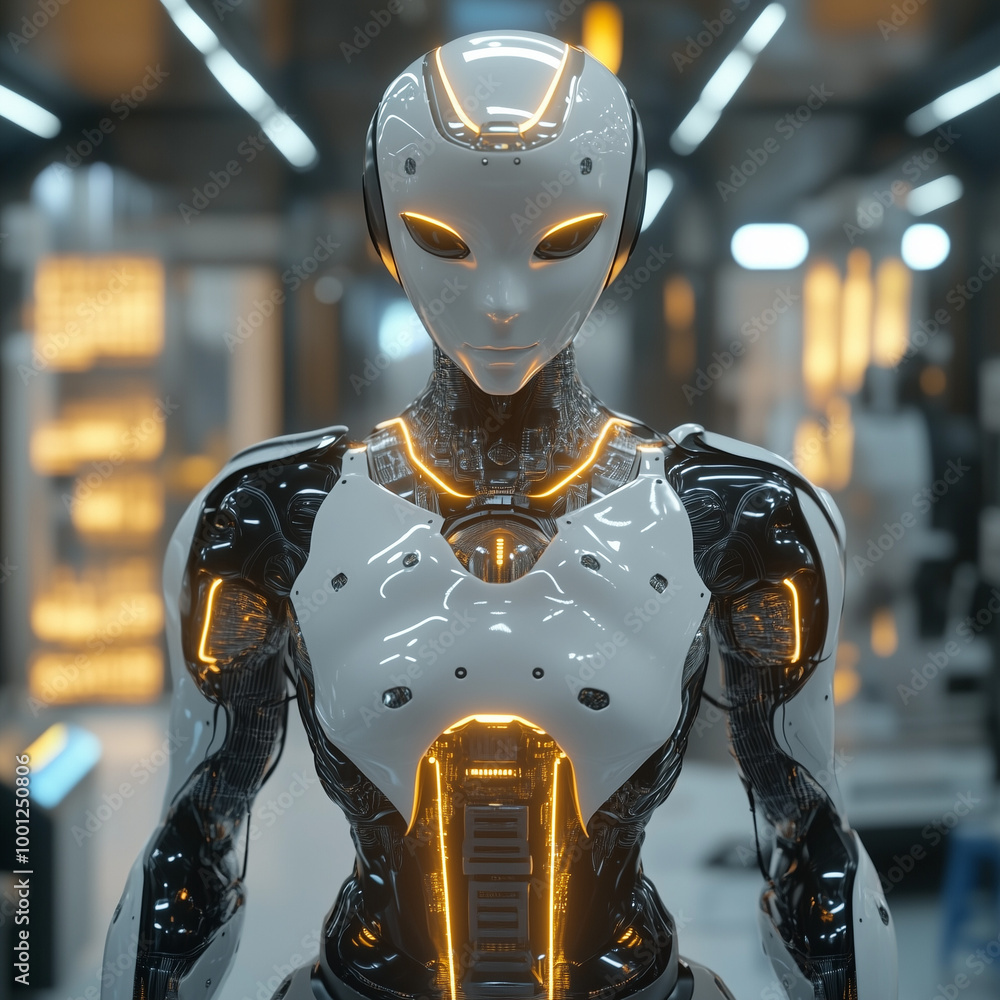 a humanoid AI robot standing in a high-tech lab, showcasing intricate circuitry and glowing lights. a humanoid AI robot standing in a high-tech lab, showcasing intricate circuitry and glowing lights.