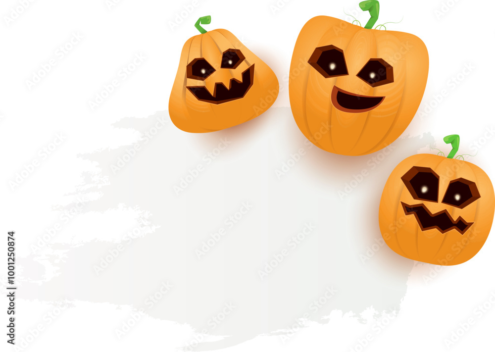 Fototapeta premium Halloween web white grunge cartoon Banner or poster with Halloween scary pumpkins isolated on transparent background . Funky kids Halloween png banner with space for greeting text or sale