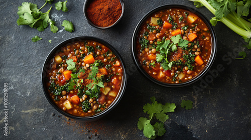 "Prepare brown and green lentil soups with kale, peeled and diced carrots, celery stalks, red bell pepper, cubed potatoes, and diced tomatoes. Season with ground cumin, dried thyme, and smoked paprika