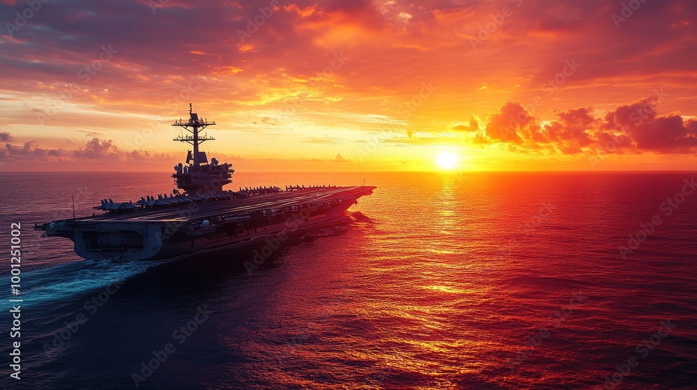 A military ship carrier navigating open waters as the sun sets, casting brilliant colors across the sky and sea. A military ship carrier navigating open waters as the sun sets, casting brilliant colors across the sky and sea.
