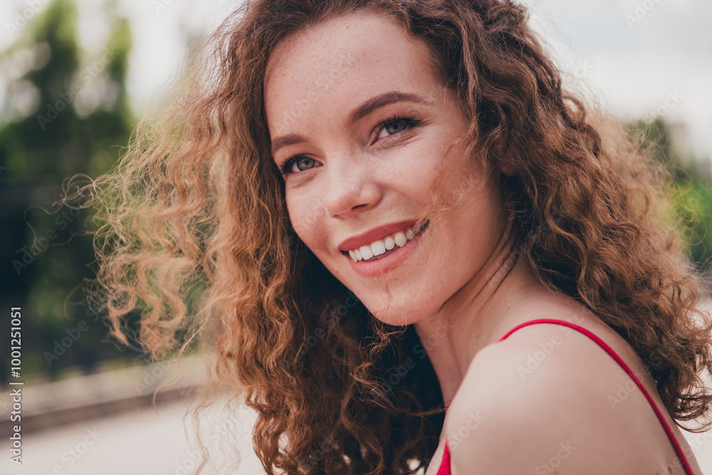 Photo of pretty sweet woman cheerful smile model dressed red shirt outdoors urban modern town Photo of pretty sweet woman cheerful smile model dressed red shirt outdoors urban modern town