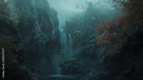 Wallpaper Mural Whispers of Nature: The Enigmatic Beauty of a Misty Waterfall in a Serene Forest Torontodigital.ca