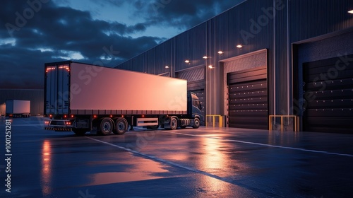 A semi-trailer truck parked at a warehouse ramp, ready for loading or unloading goods in a modern logistics park. photo