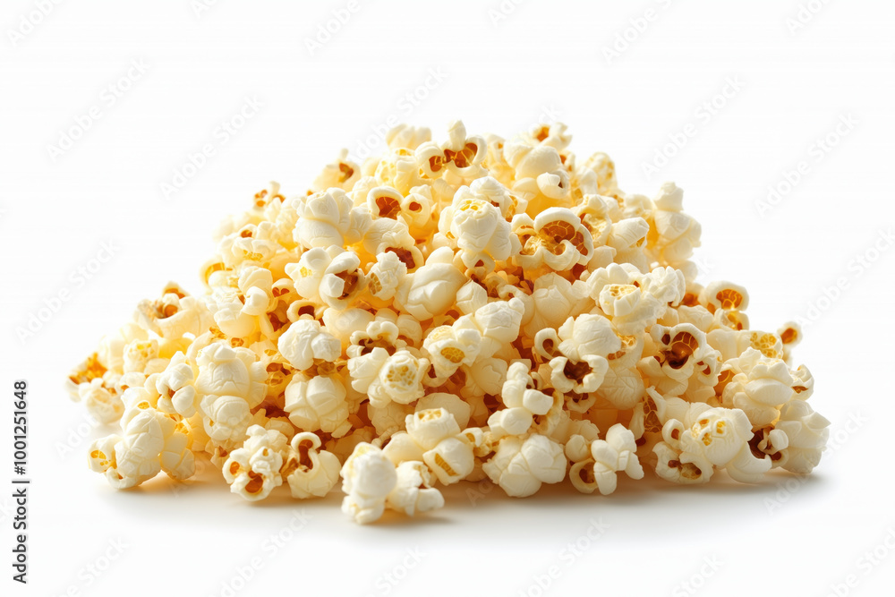 Crispy popcorn pile on white background, perfect for snacking and sharing Crispy popcorn pile on white background, perfect for snacking and sharing