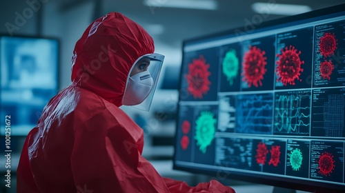 A researcher in a protective suit analyzes COVID-19 data on multiple screens, displaying virus representations and complex graphs in a lab setting. photo