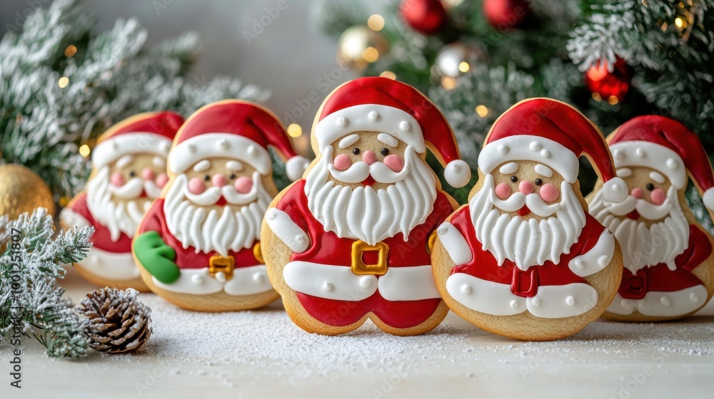 Christmas cookies in the shape of Santa with sugar icing lie on a table, against the background of fir branches and Christmas decorations Christmas cookies in the shape of Santa with sugar icing lie on a table, against the background of fir branches and Christmas decorations