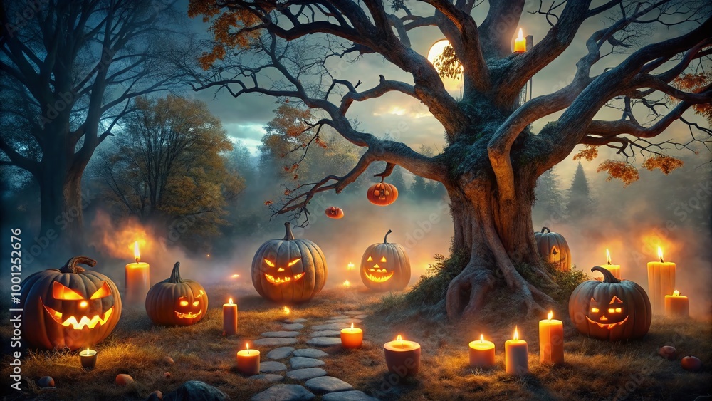 Spooky autumn evening scene with glowing jack-o-lanterns, twinkling candles, and eerie fog swirling around ancient Spooky autumn evening scene with glowing jack-o-lanterns, twinkling candles, and eerie fog swirling around ancient