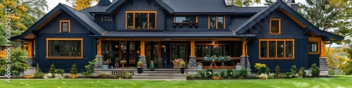 Elegant navy blue Craftsman-style house with a spacious front porch, wooden details, and a manicured lawn.