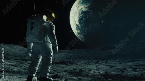 Astronaut in a space suit standing on the Moon, with the Earth hanging large in the dark sky.