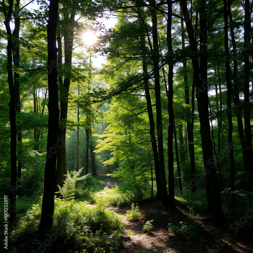 Sunlit Forest Path Surrounded by Tall Trees and Greenery