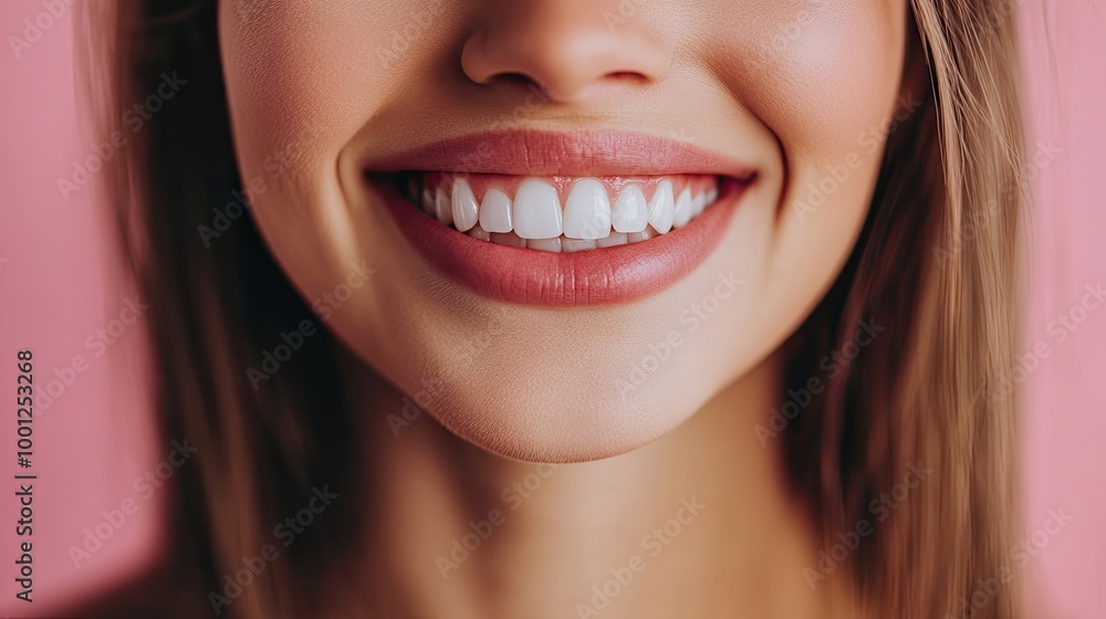 Beautiful smile of a young woman after a teeth whitening session, with her radiant white teeth framed by healthy lips. Beautiful smile of a young woman after a teeth whitening session, with her radiant white teeth framed by healthy lips.
