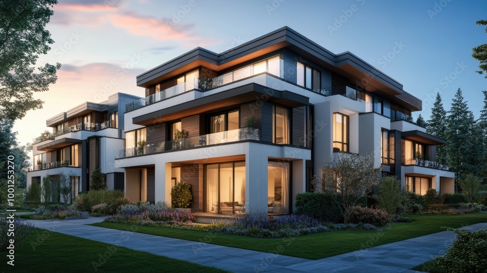 Beautiful luxury home exterior, showcasing clean lines, spacious balconies, and a sophisticated, Beautiful luxury home exterior, showcasing clean lines, spacious balconies, and a sophisticated,