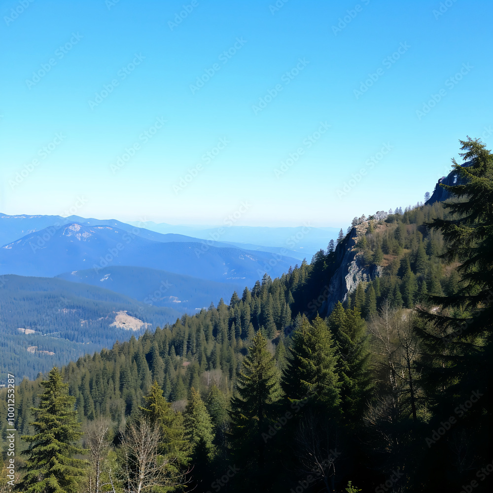 Vast mountain landscape with dense pine forests under a clear blue sky Vast mountain landscape with dense pine forests under a clear blue sky