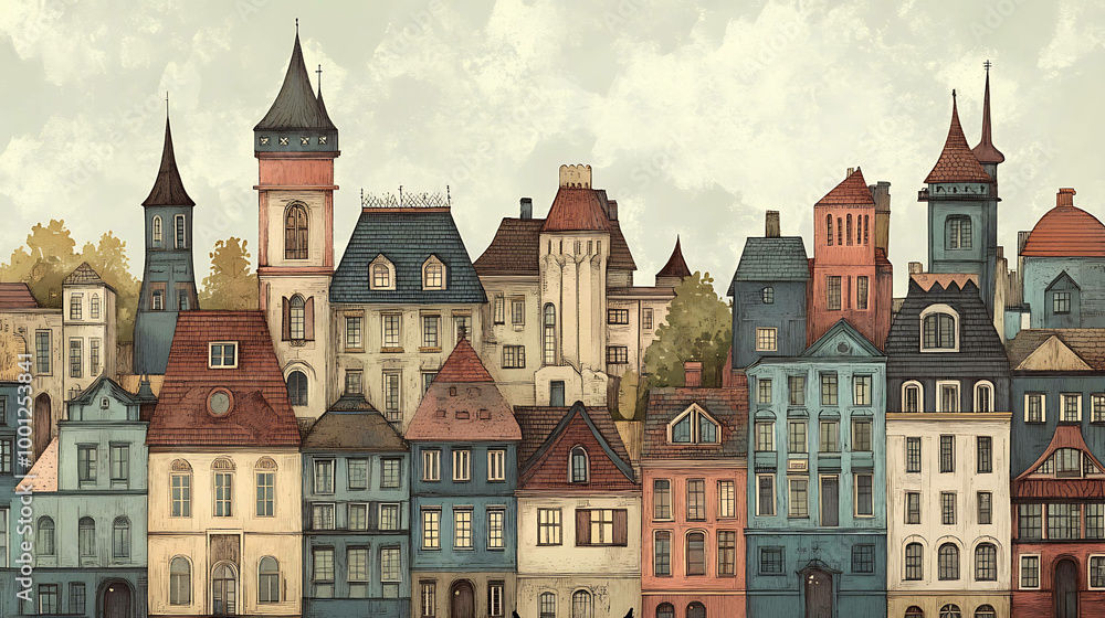 Obraz premium Illustration of a picturesque European city with colorful buildings and charming details.