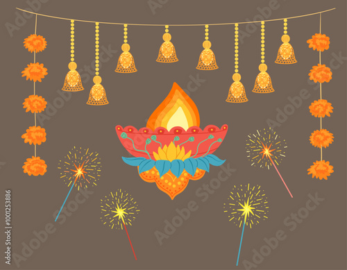 Diwali festival flat elements and icon set for graphic and web design templates. Diya, marygold decorations, lights, bengal lights. Hand drawn set for Diwali Hindu decor
