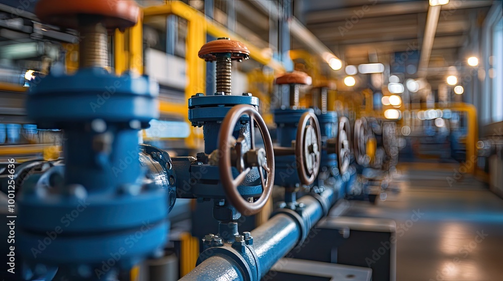 Close-up of a power plant control room, featuring valves and pipes that run across the industrial interior Close-up of a power plant control room, featuring valves and pipes that run across the industrial interior