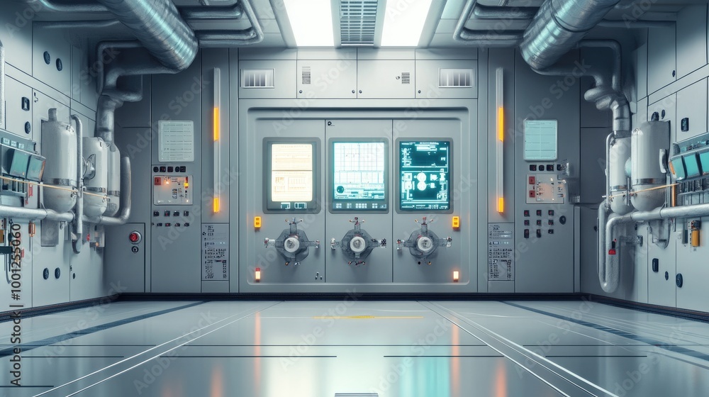 Control room of a power plant, showing pipelines, valves, and control panels in a high-tech, clean, industrial setting. Control room of a power plant, showing pipelines, valves, and control panels in a high-tech, clean, industrial setting.