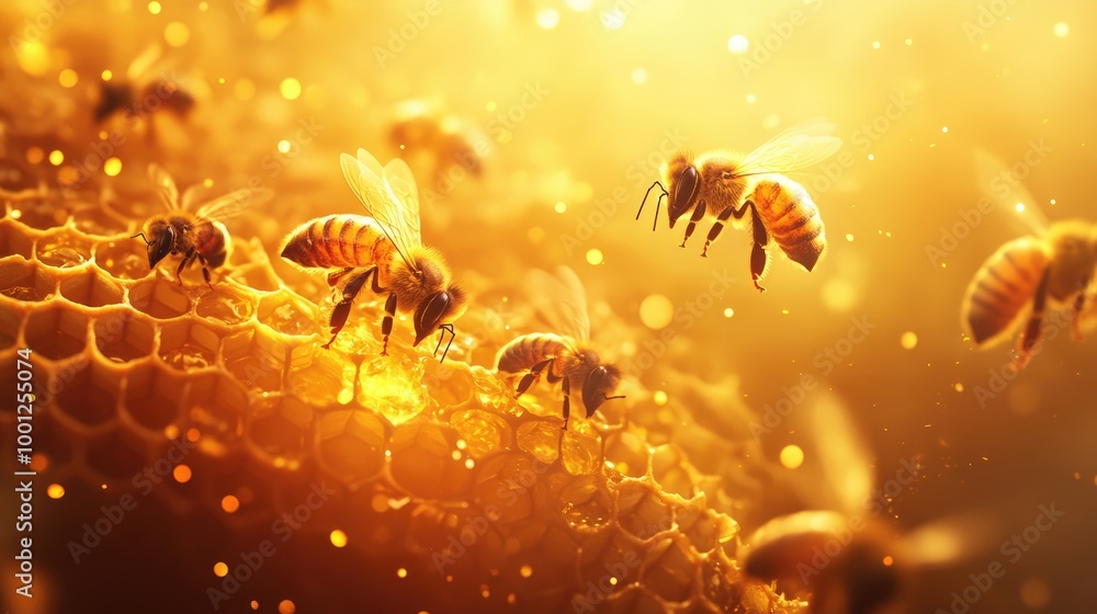 Detailed view of honeybees working on honeycomb, with their tiny legs and wings in motion, Detailed view of honeybees working on honeycomb, with their tiny legs and wings in motion,