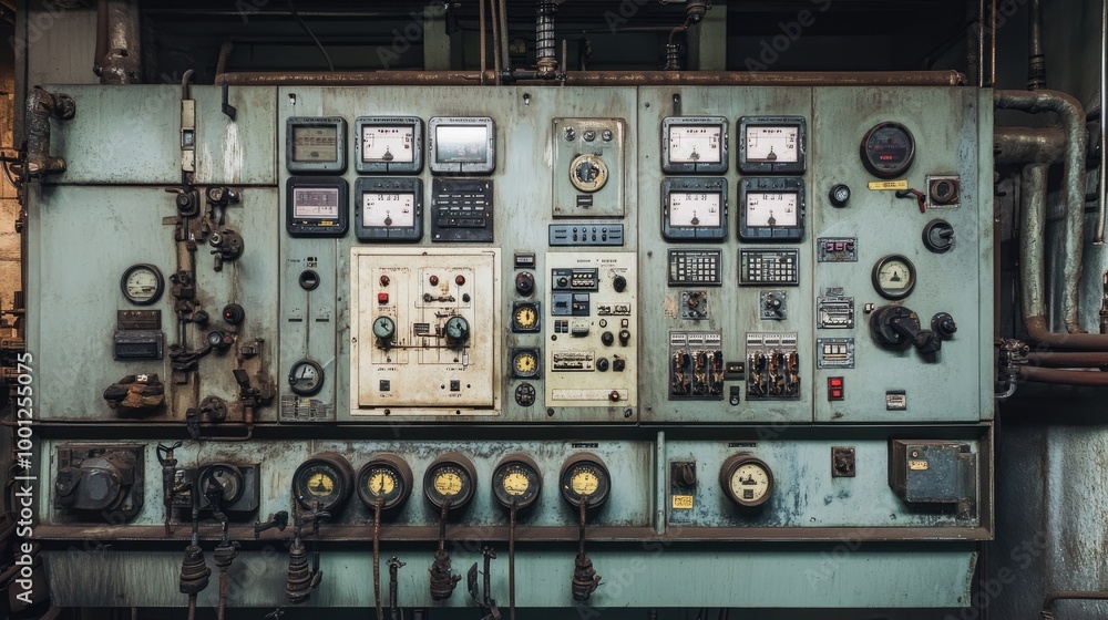 Control room of a power plant, showing pipelines, valves, and control panels in a high-tech, clean, industrial setting. Control room of a power plant, showing pipelines, valves, and control panels in a high-tech, clean, industrial setting.