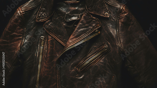 A close-up image of a brown leather jacket with zipper details.